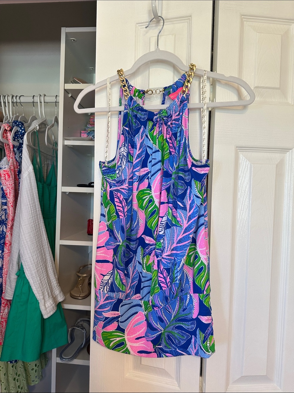 Lilly Pulitzer Blue Pink Green Floral Girls One-Piece with Gold Chain